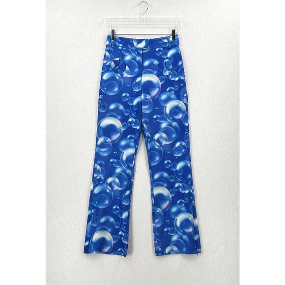 HOUSE OF SUNNY Fantasia Flare Pants Womens 6 Blue Bubble Print High Rise Stretch - Picture 3 of 16